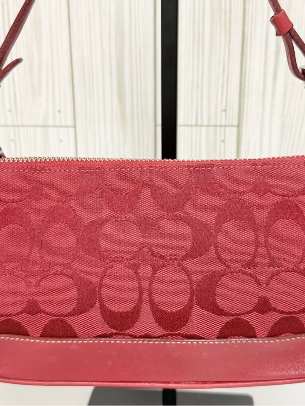 Coach Signature Jacquard Red Mini Shoulder Bag Y2K Baguette Purse Leather Trim - Picture 3 of 13